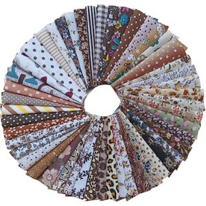 50PCS 4 X4 Inches Different Patterns Brown Cotton Craft Printed Fabric DIY Handmade Material Set Bundle Patchwork Squares for Home Crafts Sewing Scrapbooking Quilting