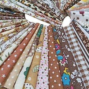 50PCS 4 X4 Inches Different Patterns Brown Cotton Craft Printed Fabric DIY Handmade Material Set Bundle Patchwork Squares for Home Crafts Sewing Scrapbooking Quilting