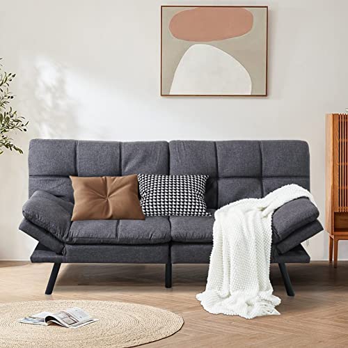 Opoiar Futon Convertible Sofa Bed Futon Couch Memory Foam Futon Sleeper Sofa Loveseat Futon Bed Breathable Linen Adjustable Lounge Couch with Metal Legs,Futon Sets for Compact Living Space,Dark Grey