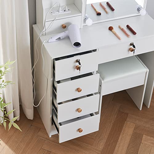 White Makeup Vanity Table,Vanity Desk with Lighted Makeup Mirror and Charging Station, Vanity Dressing Table with Lights & Storage Drawers and Stool for Bedroom,Girls Women