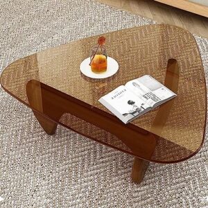 triangle glass coffee table-mid-century modern end table solid wood base and vintage tempered transparent glass top coffee tables living room balcony (walnut/brown, medium 35.8 * 25.5 * 16in)