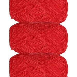 3 PCS 120g Soft Chenille Yarn Velvet Yarn for Crocheting,Fluffy Yarn for Knitting and Croche DIY Craft,Warm Yarn for Bag Hat Scarve Clothe Gloves Slippers Doll(Red)