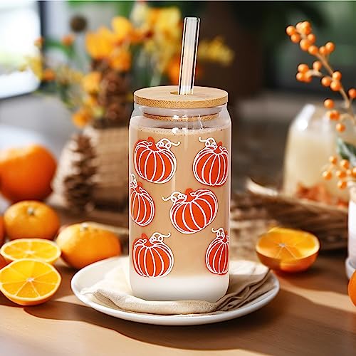 Fall Coffee Mug - Unique Autumn Decor & Iced Coffee Cup Fall Decor Pumpkin Mug with Pumpkin Decorations Thanksgiving Fall Wedding Tumbler Can Shaped Fall Cups with Bamboo Lid Glass Straw - 18oz