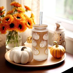 Fall Coffee Mug - Unique Autumn Decor & Iced Coffee Cup Fall Decor Pumpkin Mug with Pumpkin Decorations Thanksgiving Fall Wedding Tumbler Can Shaped Fall Cups with Bamboo Lid Glass Straw - 18oz