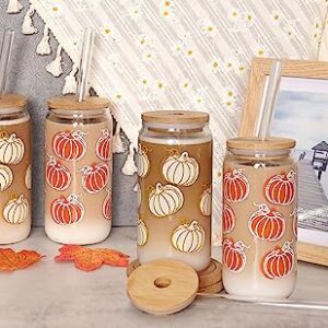 Fall Coffee Mug - Unique Autumn Decor & Iced Coffee Cup Fall Decor Pumpkin Mug with Pumpkin Decorations Thanksgiving Fall Wedding Tumbler Can Shaped Fall Cups with Bamboo Lid Glass Straw - 18oz