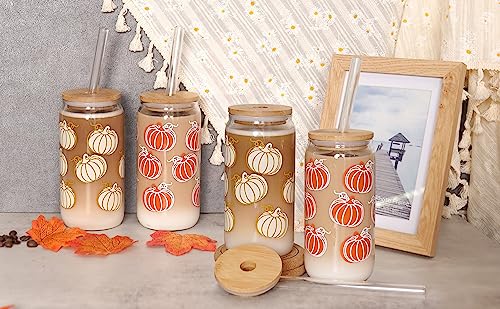 Fall Coffee Mug - Unique Autumn Decor & Iced Coffee Cup Fall Decor Pumpkin Mug with Pumpkin Decorations Thanksgiving Fall Wedding Tumbler Can Shaped Fall Cups with Bamboo Lid Glass Straw - 18oz