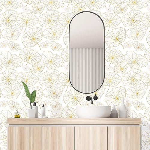 Nukofal Lotus Leaf Wallpaper Peel and Stick Wallpaper Lotus Floral Wallpaper 17.7In x 118.1In Leaf Contact Paper Gold and White Wallpaper Modern Removable Wallpaper Self Adhesive Wall Paper Vinyl