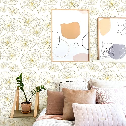 Nukofal Lotus Leaf Wallpaper Peel and Stick Wallpaper Lotus Floral Wallpaper 17.7In x 118.1In Leaf Contact Paper Gold and White Wallpaper Modern Removable Wallpaper Self Adhesive Wall Paper Vinyl