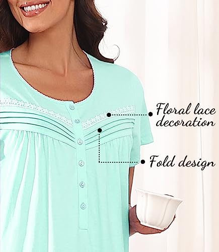 MZROCR Cotton Women Nightgowns Lightweight Soft Night Gowns for Adult Women Short Sleeves Sleepshirts Ladies Long Sleepwear Aqua Green