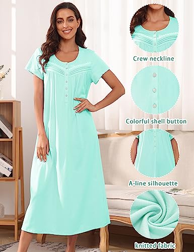 MZROCR Cotton Women Nightgowns Lightweight Soft Night Gowns for Adult Women Short Sleeves Sleepshirts Ladies Long Sleepwear Aqua Green