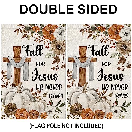 Fall Cross Garden Flags for Outside Decorations, Religious Cross Fall for Jesus with Pumpkins Maple Leaves Small Yard Flag, Harvest Autumn Thanksgiving Seasonal Farmhouse Holiday Outdoor Decor 12x18 Inch Vertical Double Sided