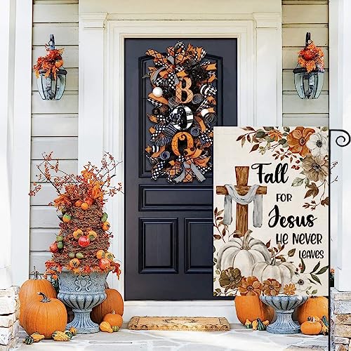 Fall Cross Garden Flags for Outside Decorations, Religious Cross Fall for Jesus with Pumpkins Maple Leaves Small Yard Flag, Harvest Autumn Thanksgiving Seasonal Farmhouse Holiday Outdoor Decor 12x18 Inch Vertical Double Sided