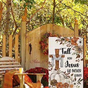 Fall Cross Garden Flags for Outside Decorations, Religious Cross Fall for Jesus with Pumpkins Maple Leaves Small Yard Flag, Harvest Autumn Thanksgiving Seasonal Farmhouse Holiday Outdoor Decor 12x18 Inch Vertical Double Sided