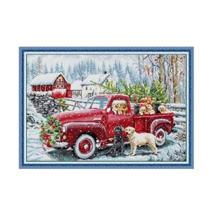 benway cross stitch kit 14ct counted christmas delivery van red car snow winter dog 62x44cm