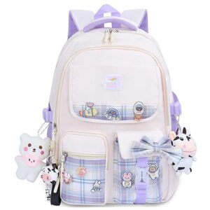 mcaldume cute backpacks for girls, kawaii backpack aesthetic backpack for teen girls, beige cute bookbag for kids elementary school