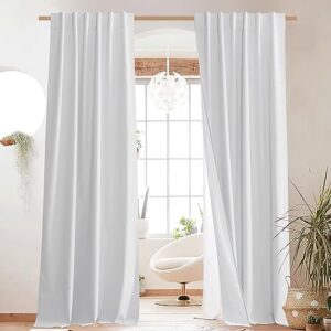 nicetown back tab 100% blackout linen curtains with thermal insulated white liner, white, 52 inches wide, 84 inches length energy saving curtains for living room 2 panels set, vertical blinds
