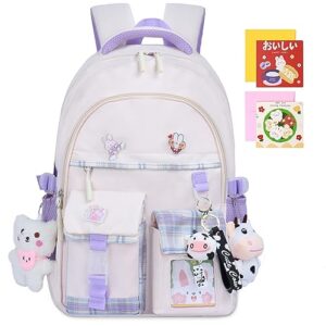 mcaldume cute backpacks for girls, kawaii backpack aesthetic backpack for teen girls, cute bookbag for kids elementary school beige
