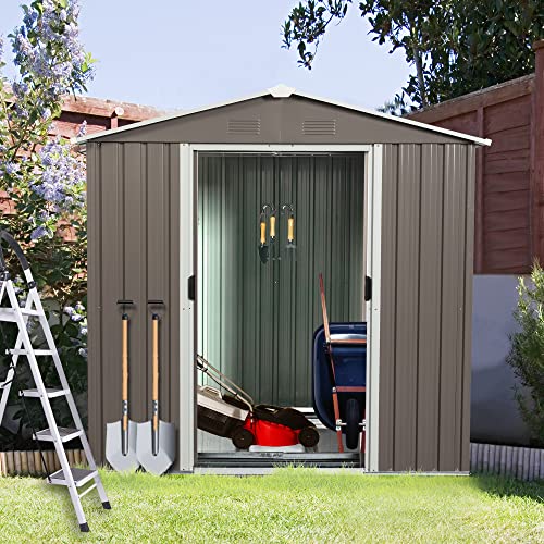 KELRIA 6ft x 5ft Outdoor Metal Storage Shed with Window, Outdoor Storage Shed with Lockable Sliding Doors, Floor Frame, Sun Protection, Waterproof Tool Storage Shed for Patio, Lawn,Backyard, White