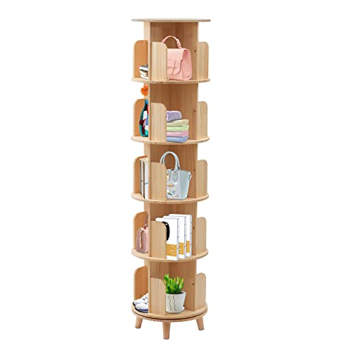 HAPPCUCOE Bookcase 360° Rotating Bookshelf Floor Standing Organizer Storage Shelf Display Rack for Living Room Study Room Bedroom Home Office (Wood 5 Tiers)