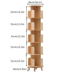 HAPPCUCOE Bookcase 360° Rotating Bookshelf Floor Standing Organizer Storage Shelf Display Rack for Living Room Study Room Bedroom Home Office (Wood 5 Tiers)