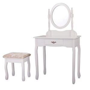 nigwedete vanity table set with chair, makeup dressing table with mirror and large drawer, vanity table with thick padded stool, white
