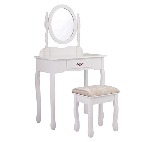 Nigwedete Vanity Table Set with Chair, Makeup Dressing Table with Mirror and Large Drawer, Vanity Table with Thick Padded Stool, White