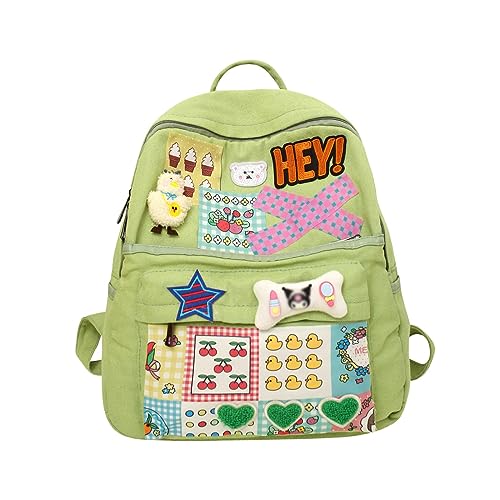 Hopecn Y2K Backpack With Kawaii Accessories Star Patch Aesthetic Canvas Bookbag Vintage Fashion Casual Goth Backpacks.(Patch1-Green2)