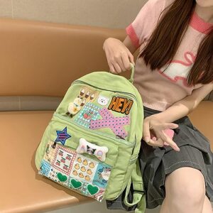 Hopecn Y2K Backpack With Kawaii Accessories Star Patch Aesthetic Canvas Bookbag Vintage Fashion Casual Goth Backpacks.(Patch1-Green2)
