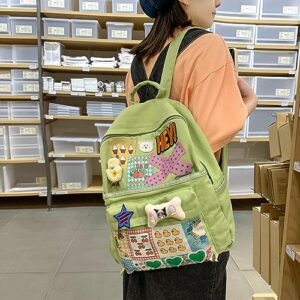 Hopecn Y2K Backpack With Kawaii Accessories Star Patch Aesthetic Canvas Bookbag Vintage Fashion Casual Goth Backpacks.(Patch1-Green2)