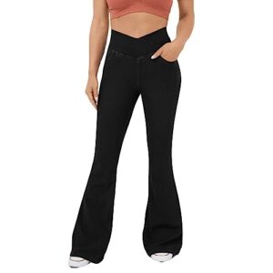 sukilimiy women ultra high rise stretch flare jeans high waisted crossover knit denim flare pants with pockets casual bootcut jeans tummy control bootleg yoga pants workout bell bottom leggings
