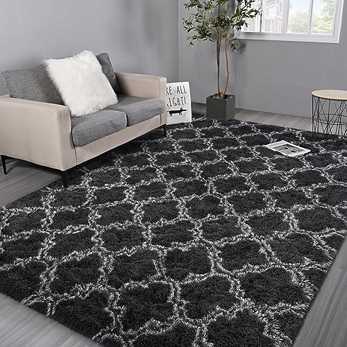 Hutha 4x6 Shag Large Area Rugs for Living Room, Dark Grey Modern Super Soft Bedroom Carpet, Moroccan Luxury Geometric Plush Fluffy Rug for Kids Nursery Girls Room Indoor Home Decor