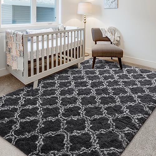 Hutha 4x6 Shag Large Area Rugs for Living Room, Dark Grey Modern Super Soft Bedroom Carpet, Moroccan Luxury Geometric Plush Fluffy Rug for Kids Nursery Girls Room Indoor Home Decor