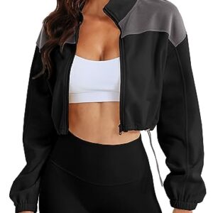 Herseas Women's Black Color Block Fleece Short Workout Jacket Warm Winter Long Sleeve Full Zip Stand Collar Fashion Sherpa Crop Coat Small 4 6