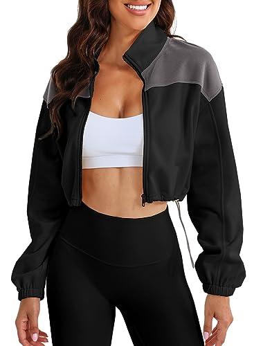 Herseas Women's Black Color Block Fleece Short Workout Jacket Warm Winter Long Sleeve Full Zip Stand Collar Fashion Sherpa Crop Coat Small 4 6