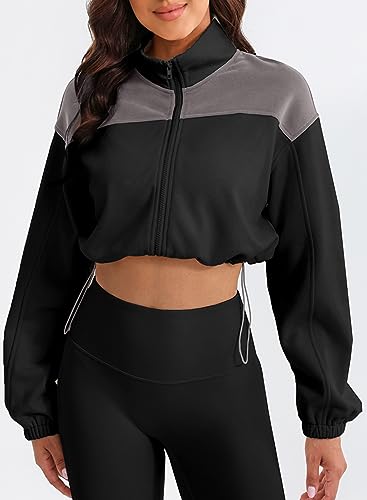 Herseas Women's Black Color Block Fleece Short Workout Jacket Warm Winter Long Sleeve Full Zip Stand Collar Fashion Sherpa Crop Coat Small 4 6