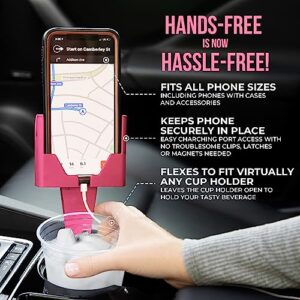 CELL PHONE SEAT – Phone & Cup Holder Made in USA – Fits Phones with or Without Cases in Vertical or Horizontal Position and Doesn’t Block Cup Holder, Charging Ports, Vents, Windshield (Pink Pack of 1)