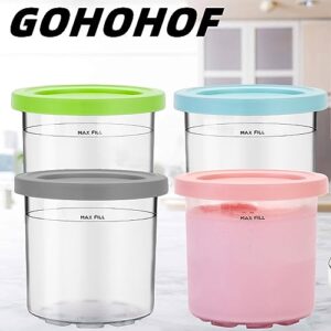 GOHOHOF Ice Cream Pint Containers for Ninja Creami Pints and Lids - 4 Pack Extra Replacement Pints for Ninja Creami NC301, NC300, CN301CO, CN305A NC301Series 7-in-1 Ice Cream Maker Colored Lids