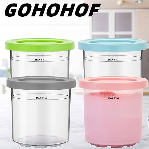 GOHOHOF Ice Cream Pint Containers for Ninja Creami Pints and Lids - 4 Pack Extra Replacement Pints for Ninja Creami NC301, NC300, CN301CO, CN305A NC301Series 7-in-1 Ice Cream Maker Colored Lids