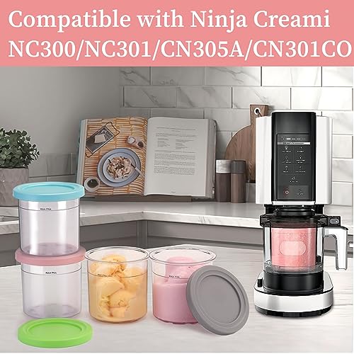 GOHOHOF Ice Cream Pint Containers for Ninja Creami Pints and Lids - 4 Pack Extra Replacement Pints for Ninja Creami NC301, NC300, CN301CO, CN305A NC301Series 7-in-1 Ice Cream Maker Colored Lids
