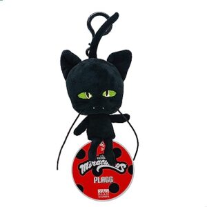 miraculous ladybug - kwami lifesize plagg, 5-inch cat plush clip-on toys for kids, super soft collectible stuffed toy with glitter stitch eyes and color matching backpack keychain (wyncor)