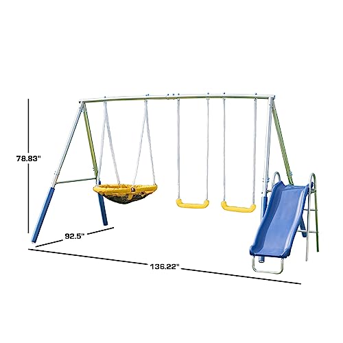 The Swing Company TSC-1023G Reese Galvanized Metal Swing Set: 5ft Slide, 2 Swings, Padded Saucer Swing and Anchor Kit, Capacity 500lb (5 Kids, Aged 3-8), Blue/Yellow