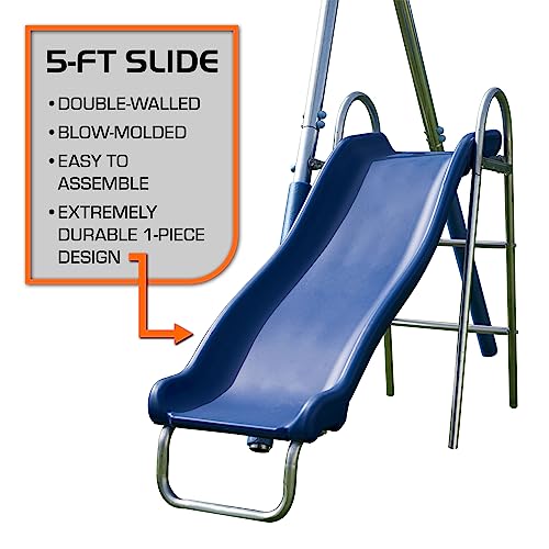 The Swing Company TSC-1023G Reese Galvanized Metal Swing Set: 5ft Slide, 2 Swings, Padded Saucer Swing and Anchor Kit, Capacity 500lb (5 Kids, Aged 3-8), Blue/Yellow