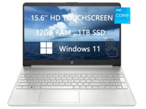 hp 2023 newest upgraded touch-screen laptops, 15.6 inch hd computer, intel core i3-1115g4(2-core), 32gb ram, 1tb ssd, wi-fi, hdmi, webcam, windows 11, rokc hdmi cable, silver (15-dy2702dx)