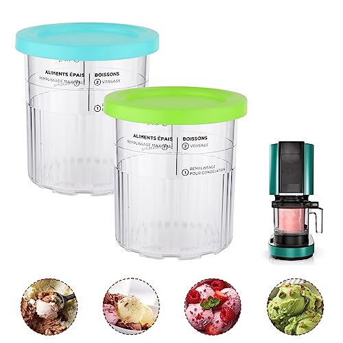 2pcs Containers Replacement for Ninja Creami Pints and Lids, Upgraded Ice Cream Tubs with Lids Compatible with NC500 NC501 Deluxe Series Ice Cream Maker, Wave Style (Green, Blue)