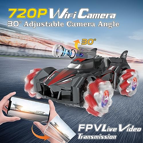 RC Car with Camera for kids, Remote Control 360°Rotating High Speed Stunt Vehicle Toy for Boys and Girls, Rechargeable Racing Drift Cars with Flashing Lights and Dynamic Sound for Adults