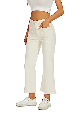 DECIVI Women Straight Leg Capris Jeans Mid Rise Cropped Pants Stretchy Ankle Length with Pockets White