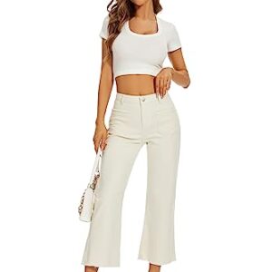 DECIVI Women Straight Leg Capris Jeans Mid Rise Cropped Pants Stretchy Ankle Length with Pockets White