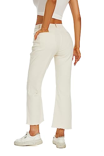 DECIVI Women Straight Leg Capris Jeans Mid Rise Cropped Pants Stretchy Ankle Length with Pockets White