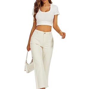 DECIVI Women Straight Leg Capris Jeans Mid Rise Cropped Pants Stretchy Ankle Length with Pockets White