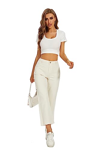 DECIVI Women Straight Leg Capris Jeans Mid Rise Cropped Pants Stretchy Ankle Length with Pockets White